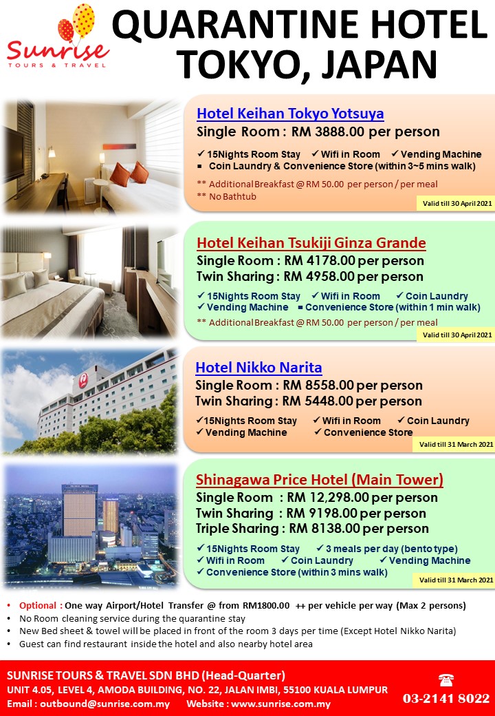 Japan - Tokyo Quarantine Hotel - Sunrise Tour & Travel